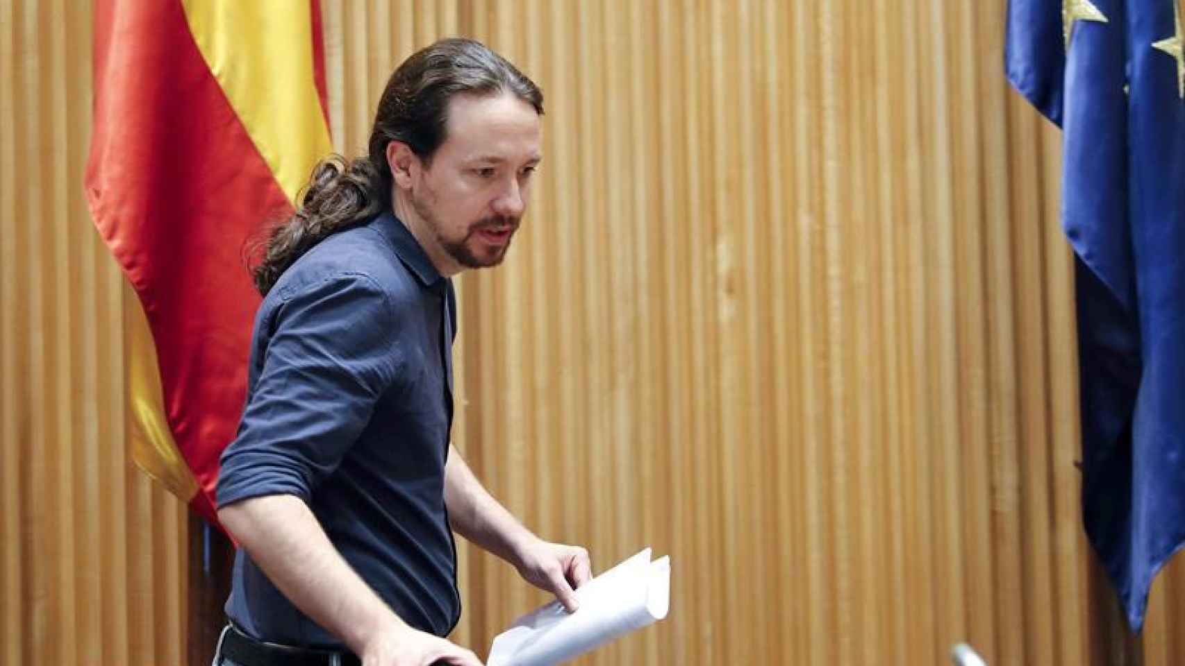 El secretario general de Podemos, Pablo Iglesias, esta tarde.