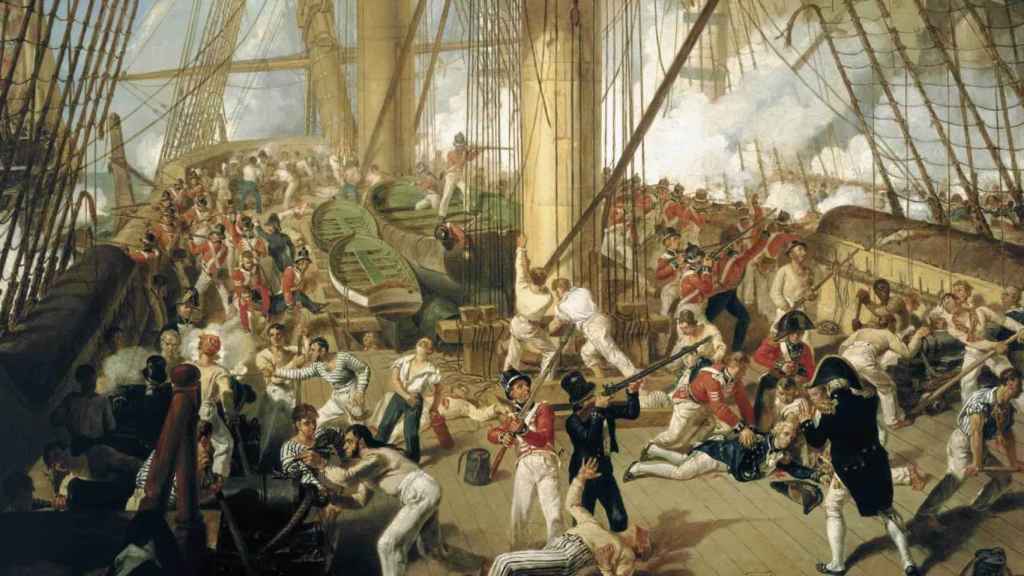 La muerte de Horatio Nelson en la batalla de Trafalgar, pintada por Denis Dighton.