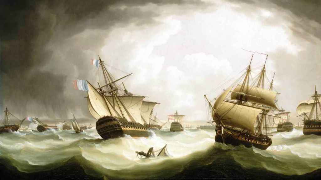Pintura del inglés Thomas Buttersworth sobre la batalla de Trafalgar