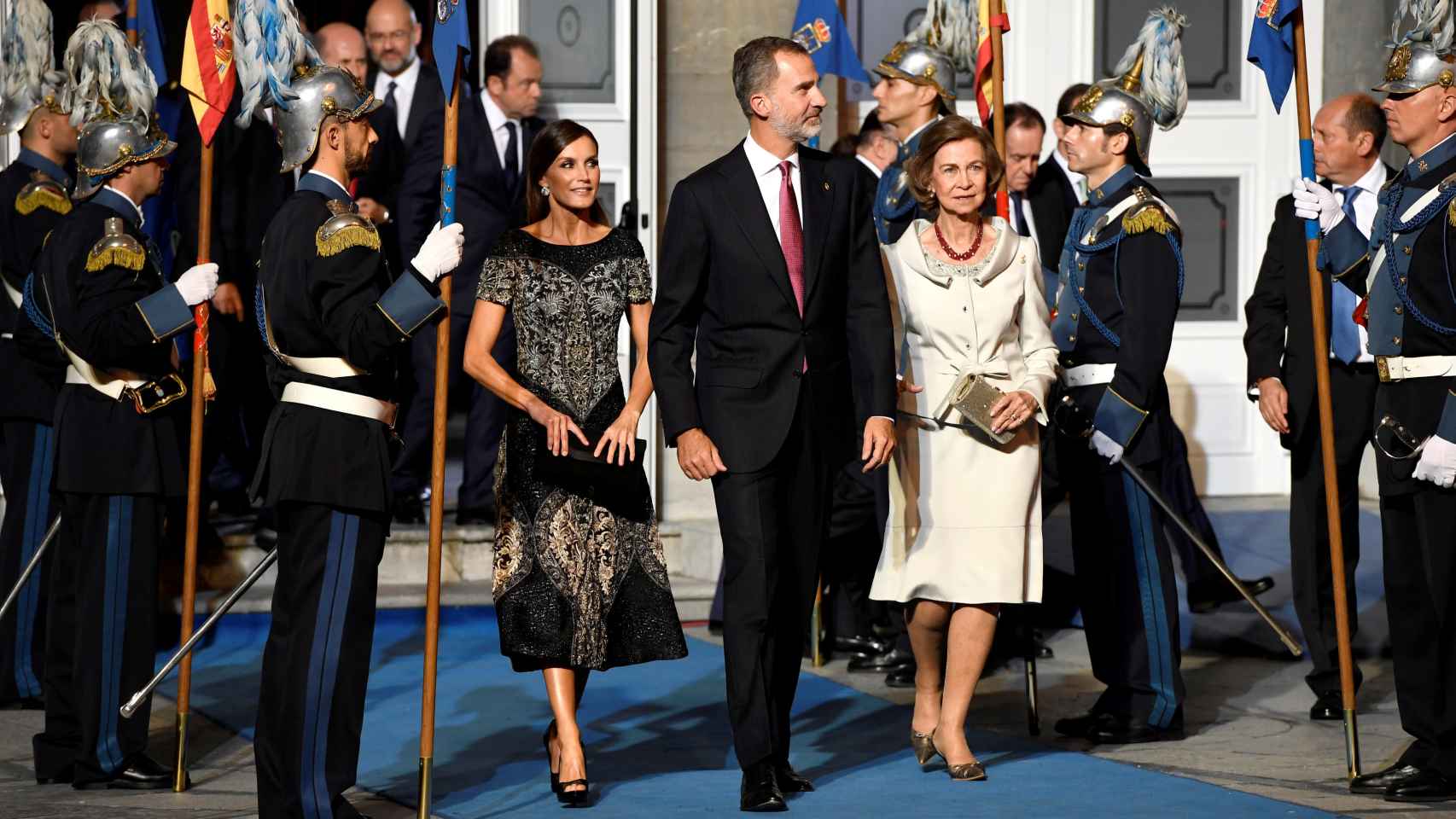 Spain's King Felipe, Queen Letizia and the King's mother, former Queen Sofia, leave the Princess of Asturias Awards at Campoamor Theatre in Oviedo