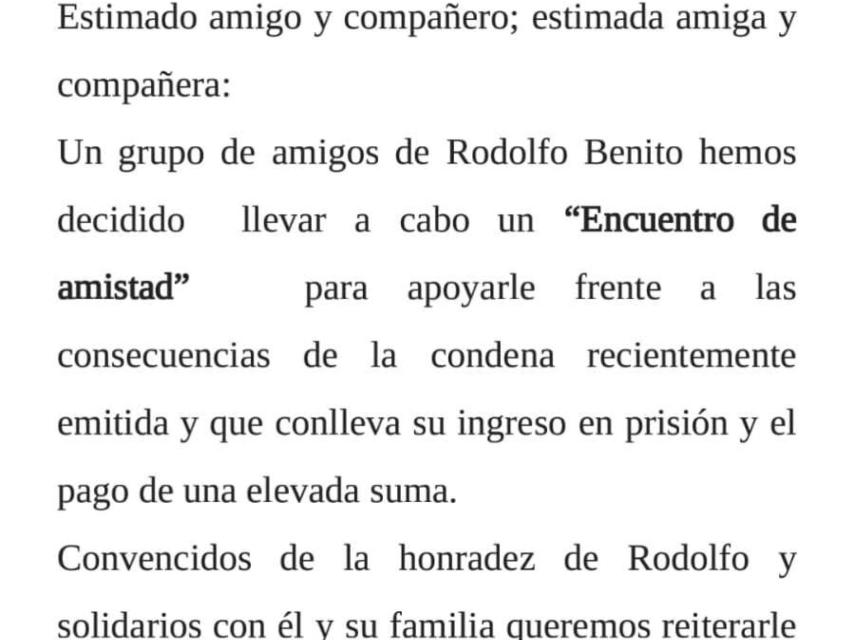 Convocatoria para homenajear a Rodolfo Benito.