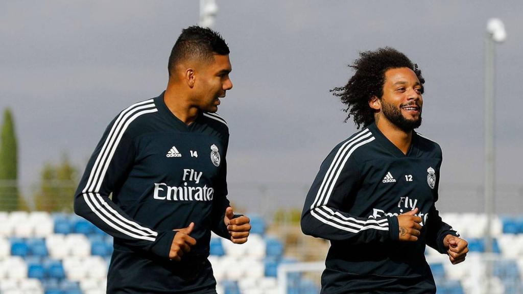 Casemiro y Marcelo durante un entrenamiento