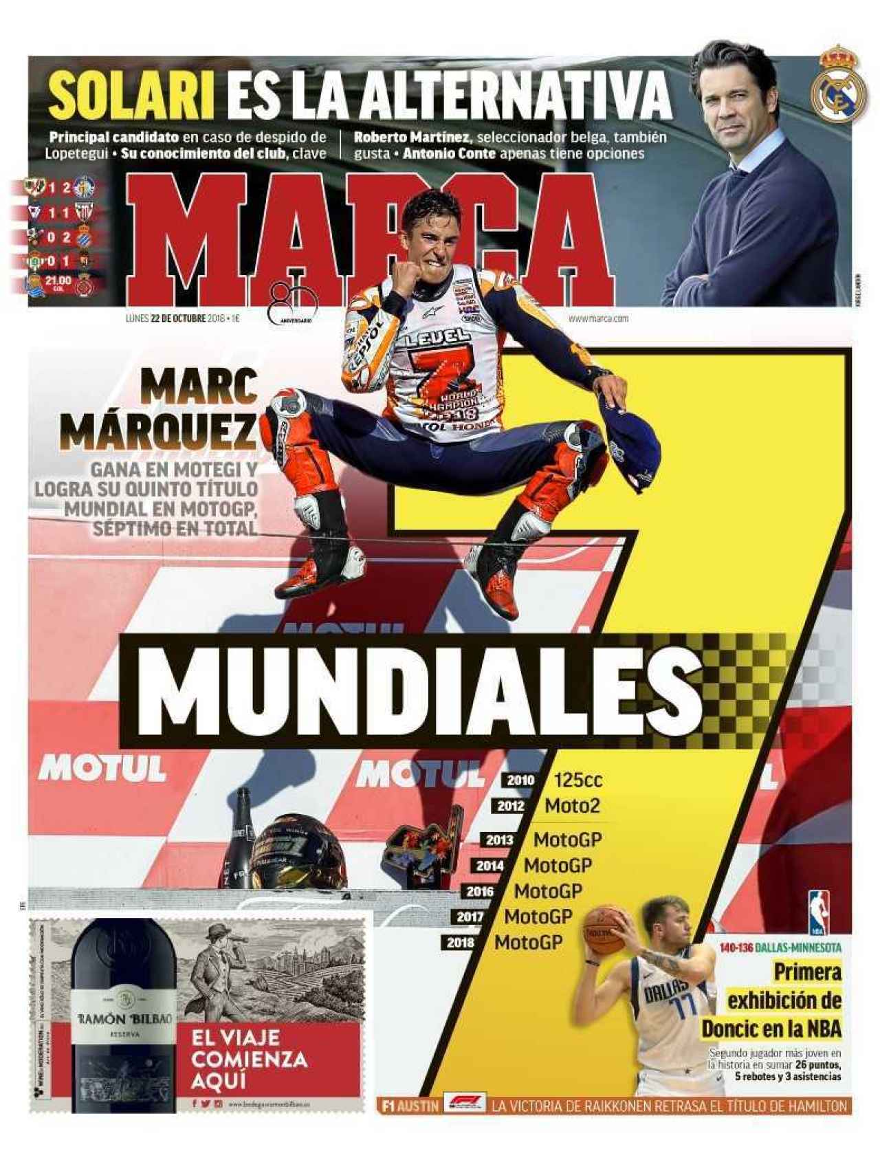 La portada del diario MARCA (22/10/2018)