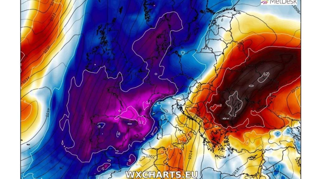 El mapa del desplome de las temperaturas en Europa occidental el domingo 28.