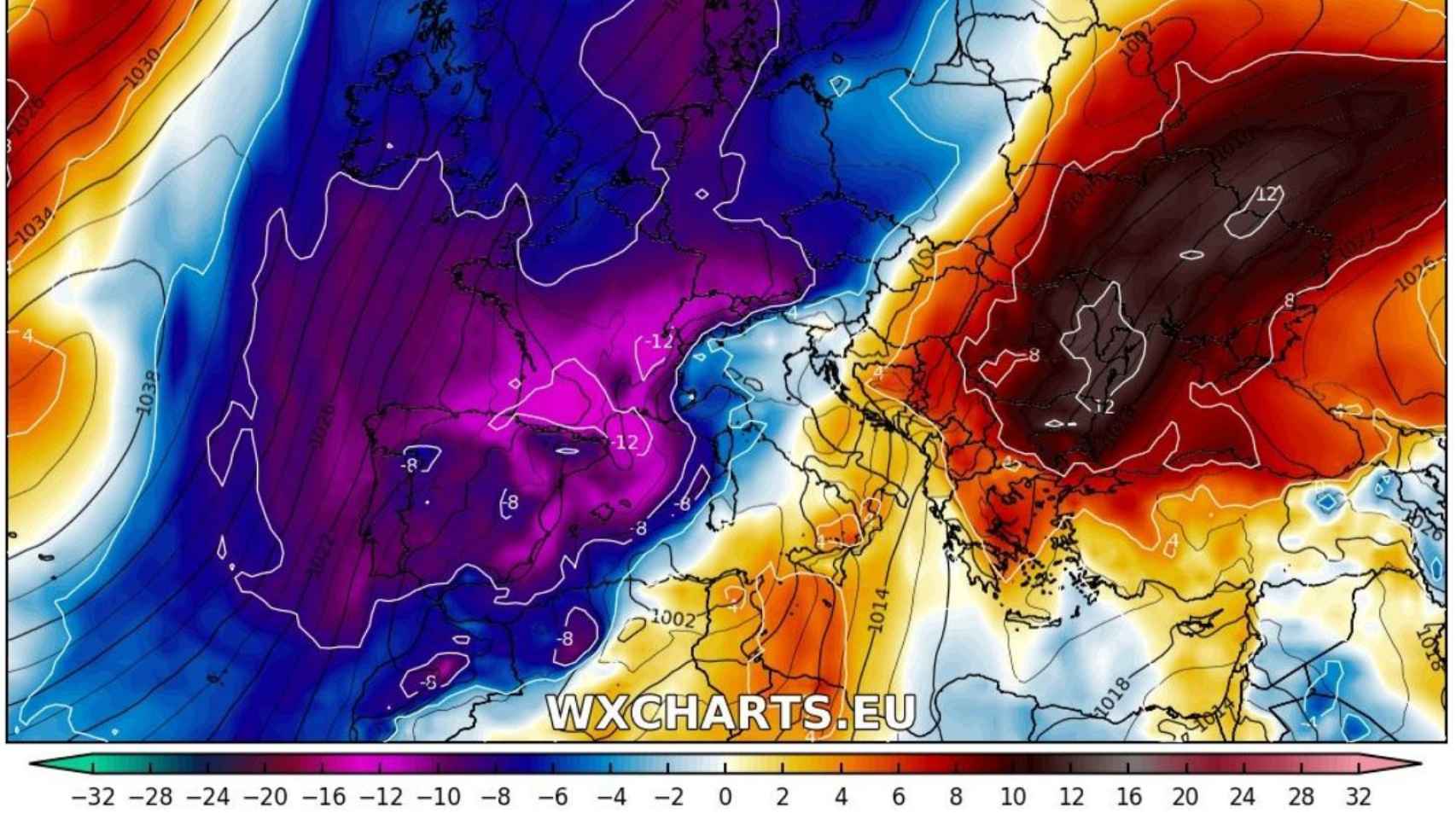 El mapa del desplome de las temperaturas en Europa occidental el domingo 28.