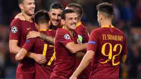 Los jugadores de la Roma celebrando un gol en Champions