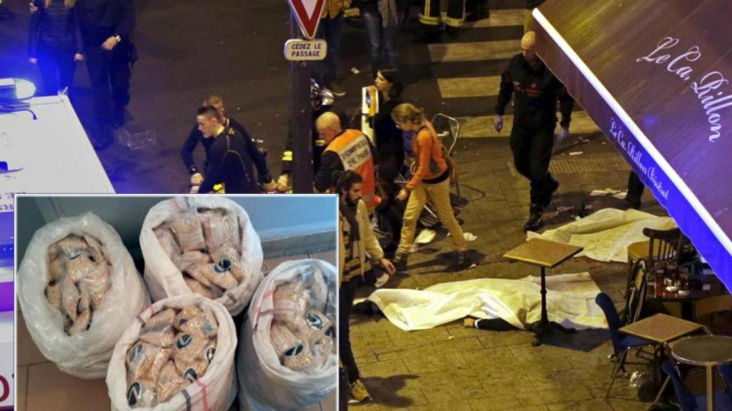 Imagen del atentado en la sala Bataclan de París y captagon incautado en Líbano.