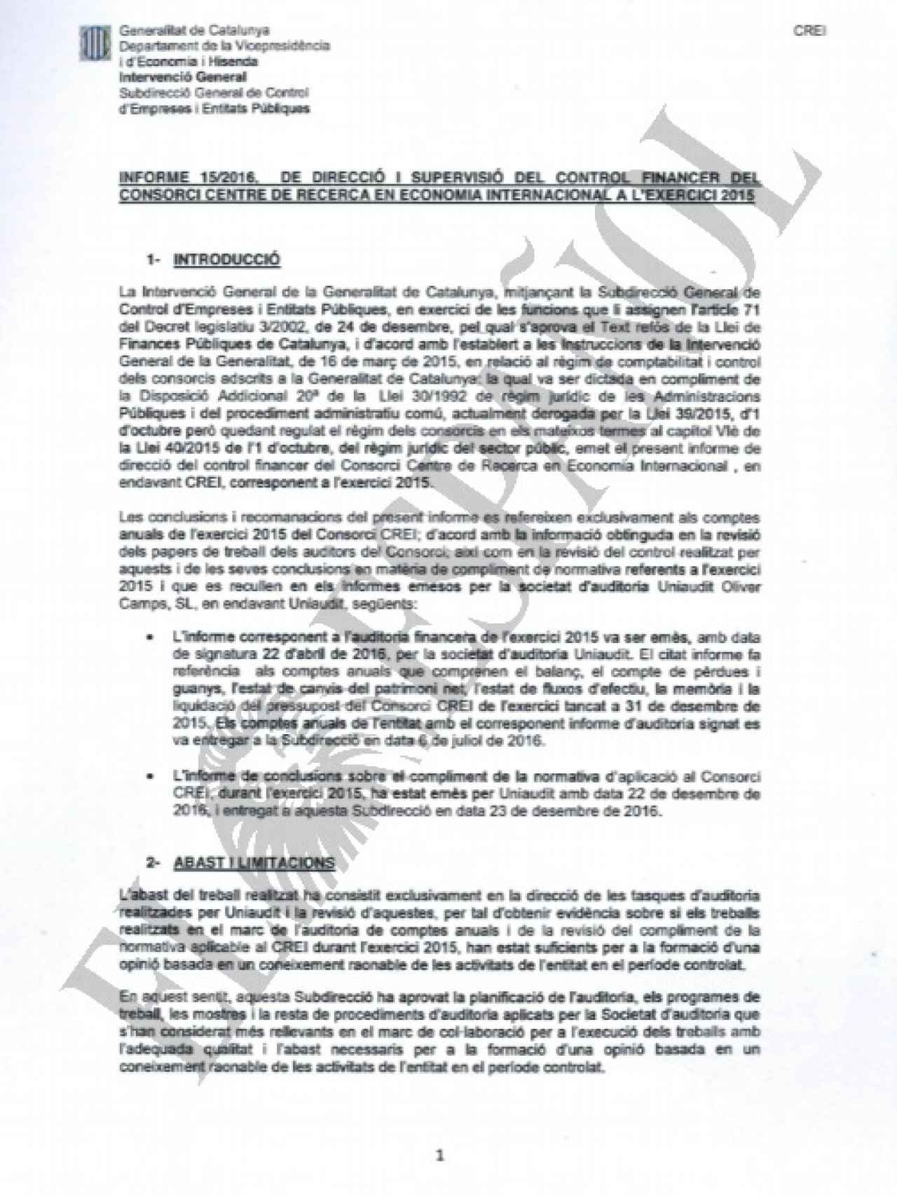 Primera página del borrador remitido a Oriol Junqueras.