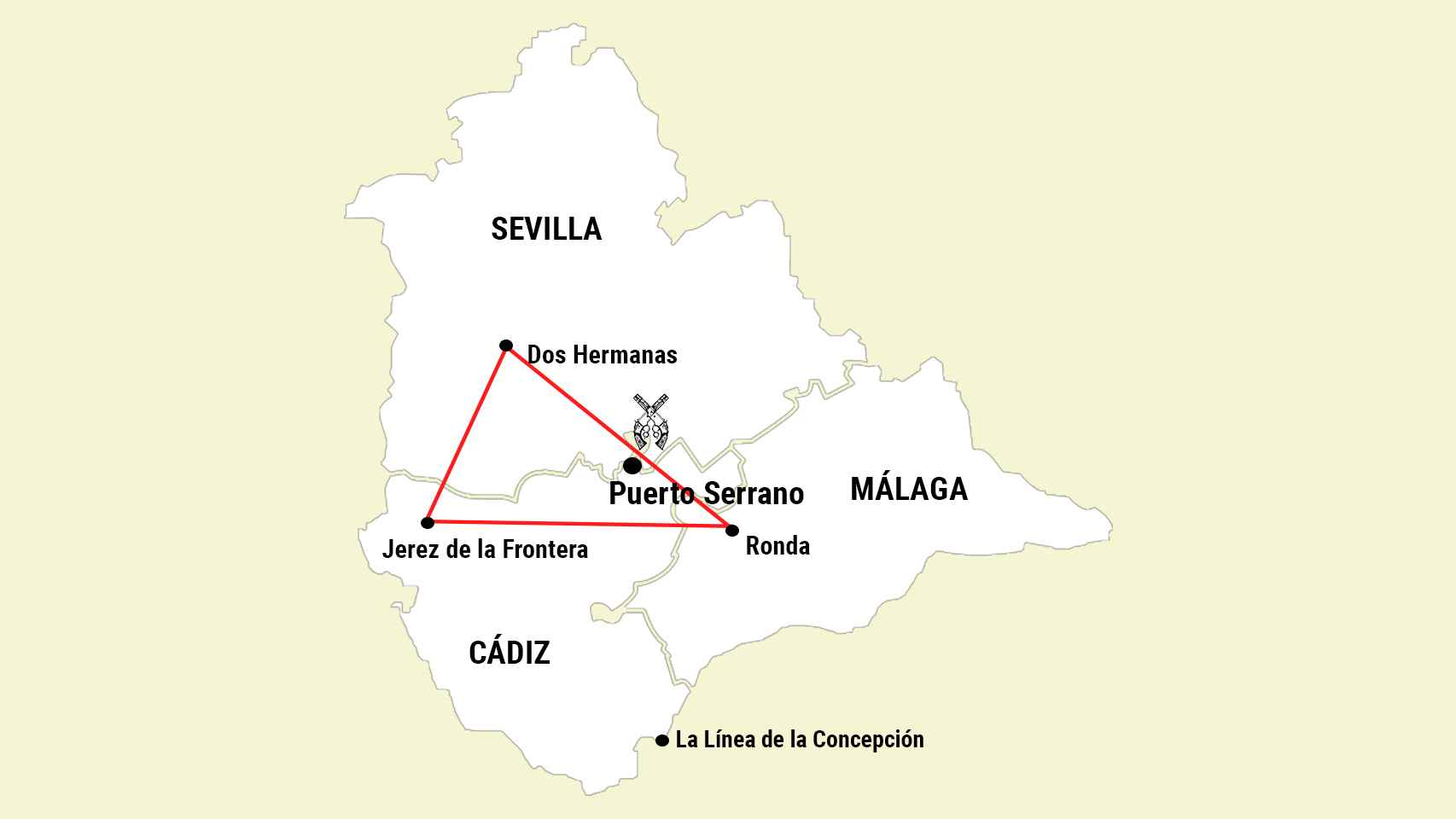 Puerto Serrano está ubicado a caballo de tres provincias: Cádiz, Sevilla y Málaga.