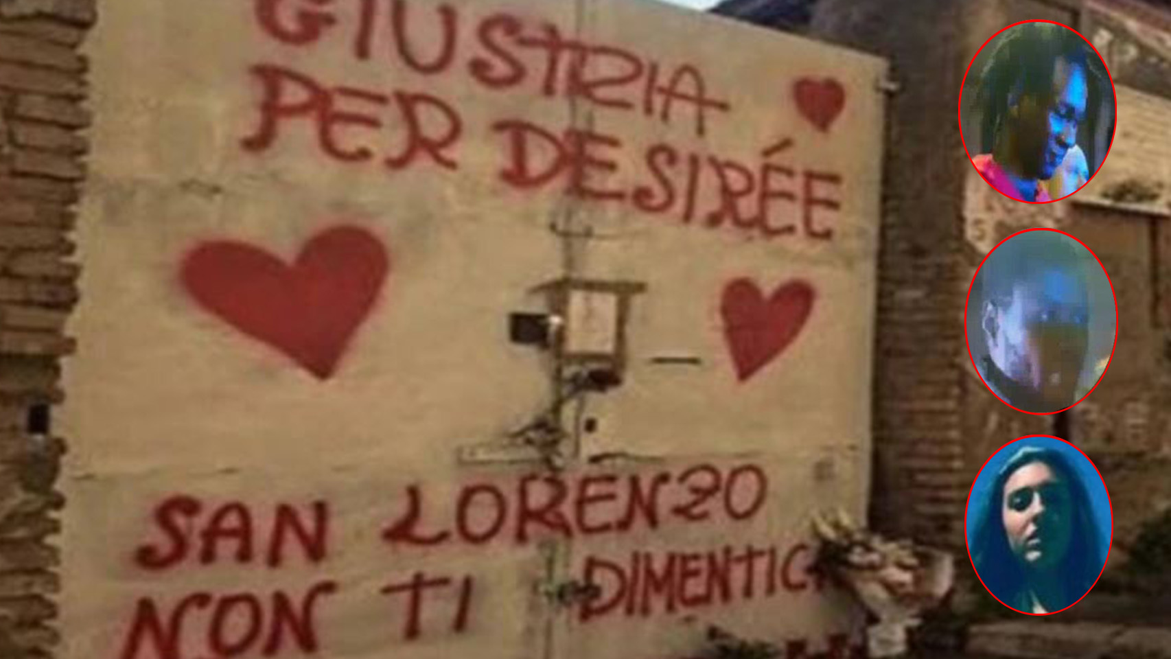 Dos de los arrestados y Desirée, la victima, sobre un graffiti en el que se lee Justicia para Desirée. San Lorenzo no te olvida