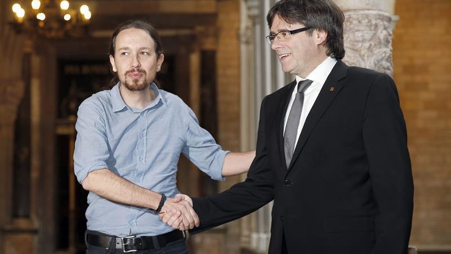 Pablo Iglesias y Carles Puigdemont en una de las visitas del líder de Podemos a la Generalitat.