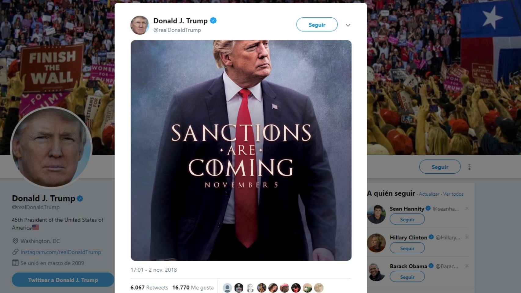 Donald Trump anuncia así en Twitter nuevas sanciones de EEUU.