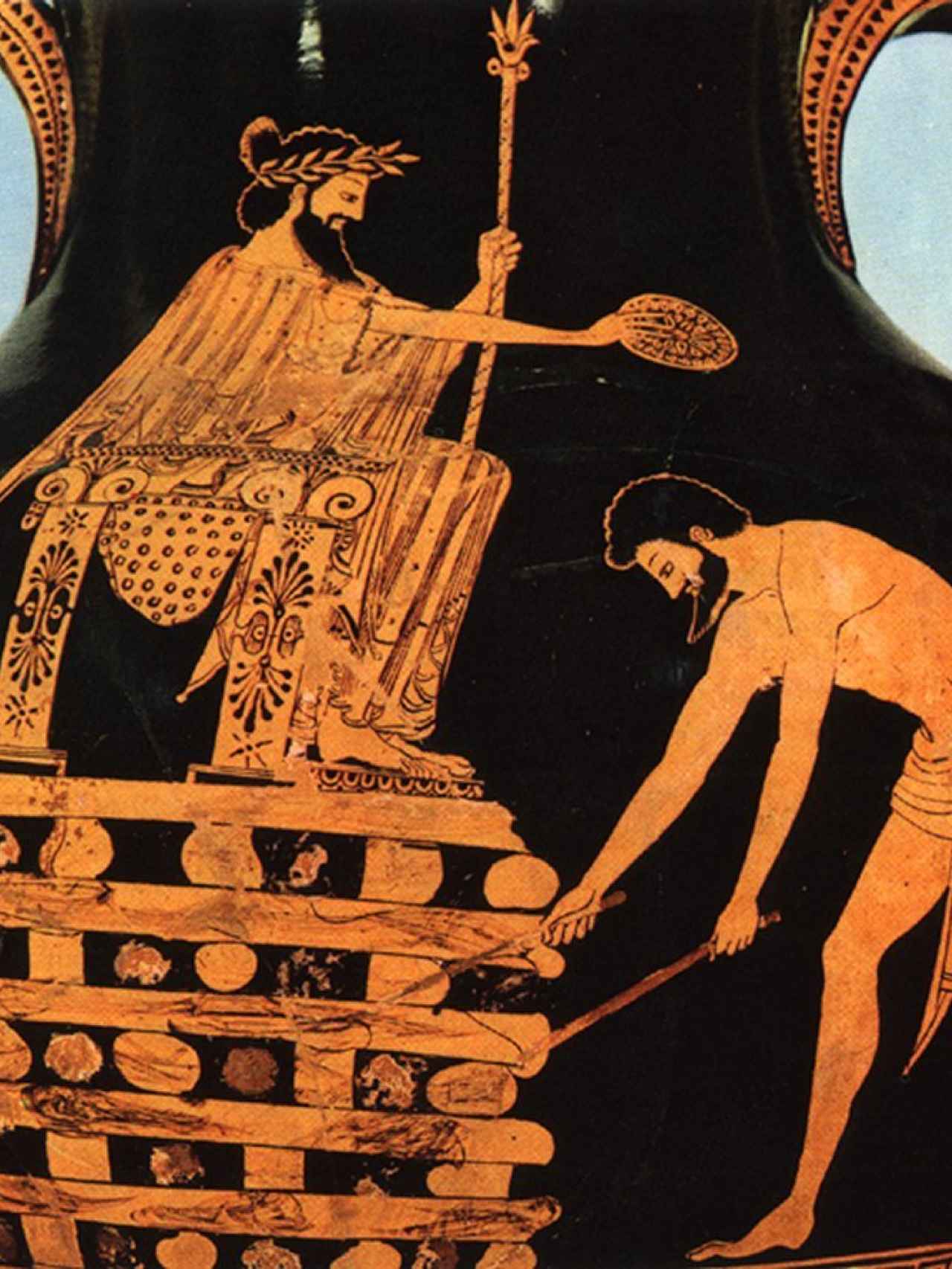 Creso, en lo alto de su pira funeraria tras ser condenado a muerte por Ciro el Grande. Grabado en un ánfora ática del siglo V a.C. que expone el Museo del Louvre de París.