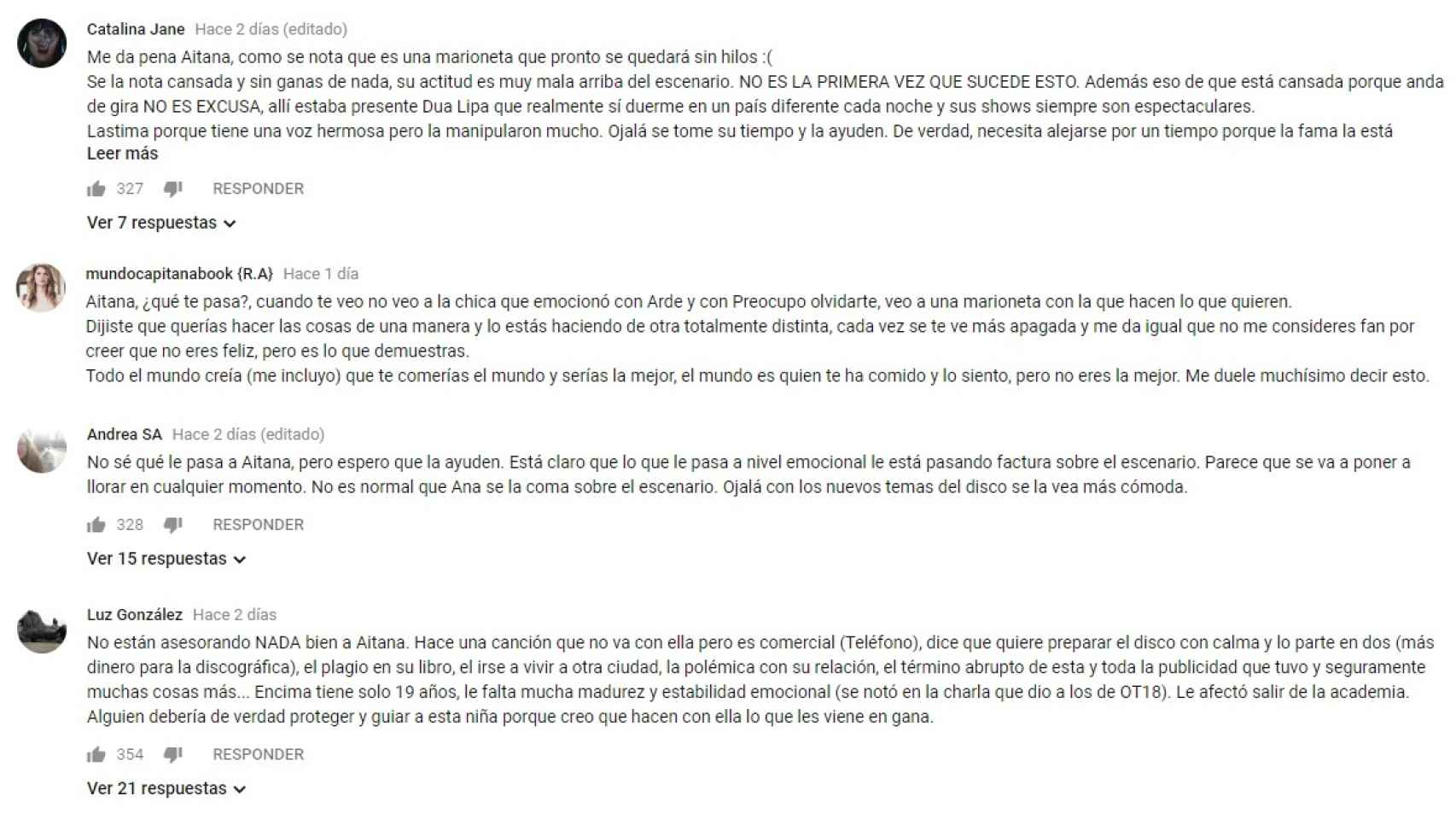 Comentarios de usuarios de Youtube sobre cómo ven a Aitana Ocaña.