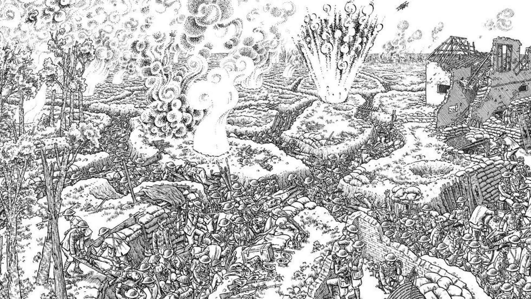 Una de las ilustraciones de 'La Gran Guerra', el libro del periodista Joe Sacco en la que recrea la batalla del Somme.