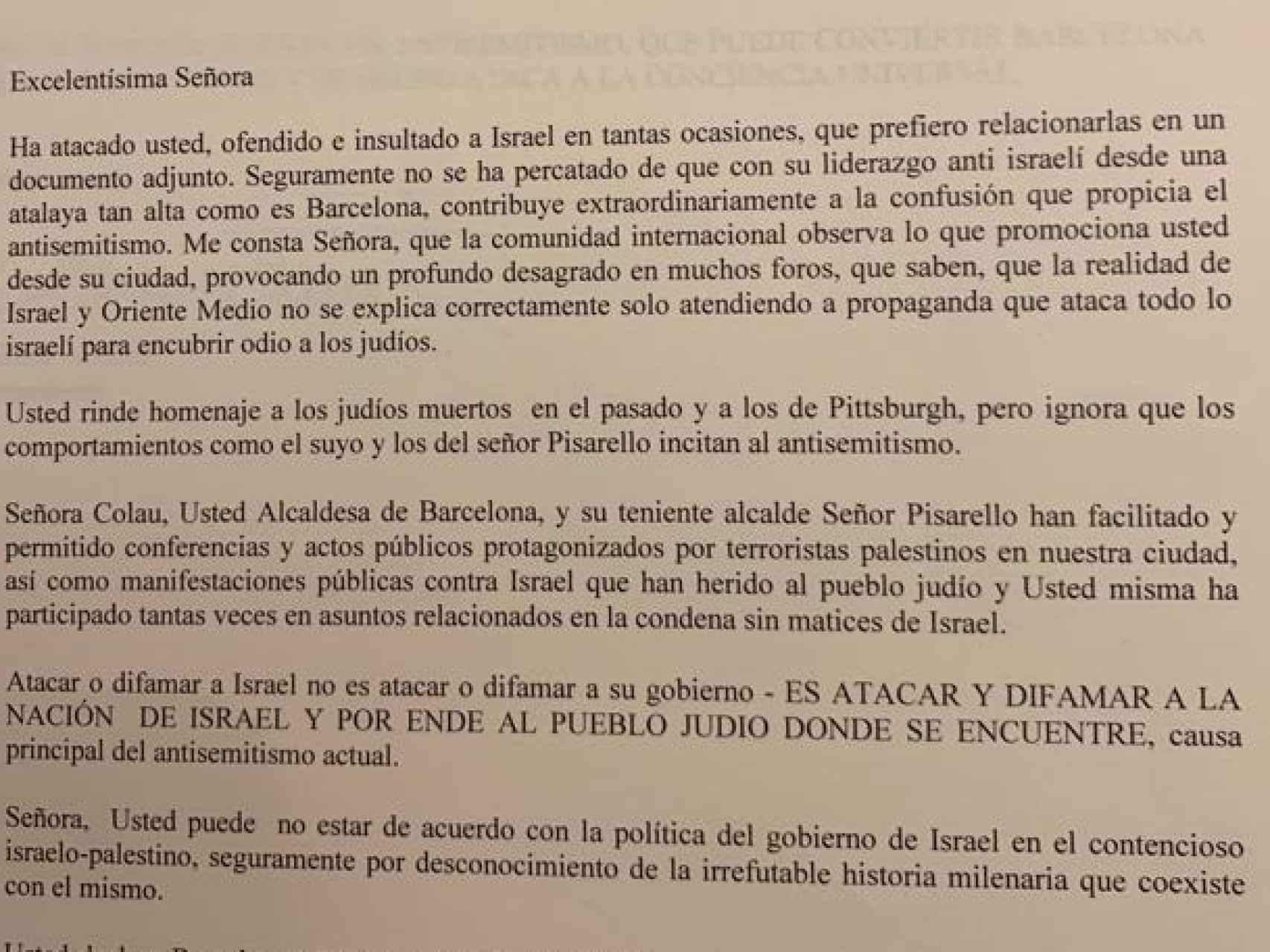 Carta del Congreso Sefarad Mundial a la alcaldesa de Barcelona, Ada Colau.