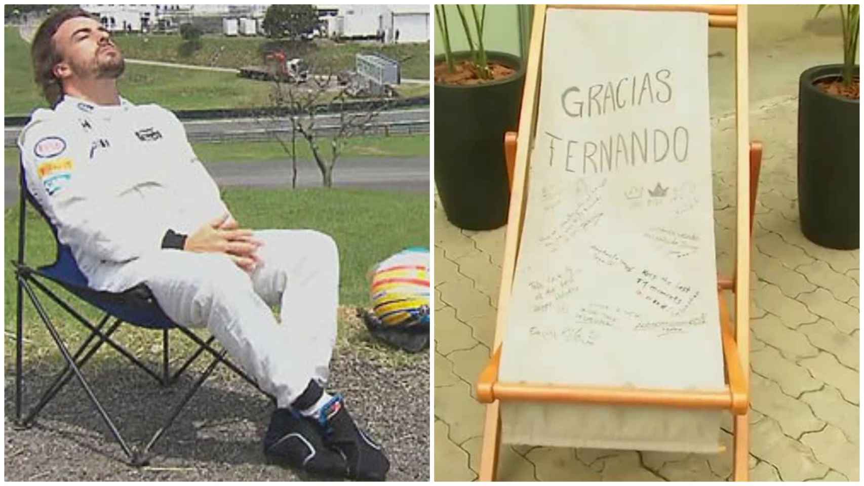 Fernando Alonso sentado en el GP de Brasil en una silla parecida a la que le han regalado