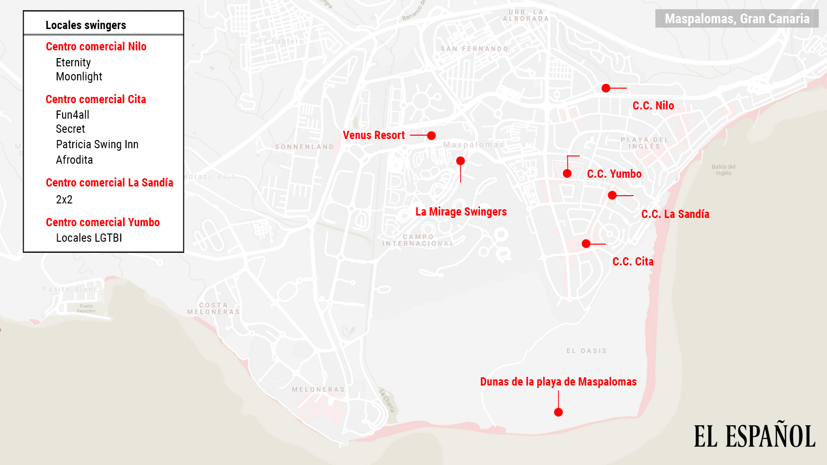 Mapa de los principales puntos turísticos de sexo de la localidad de Maspalomas