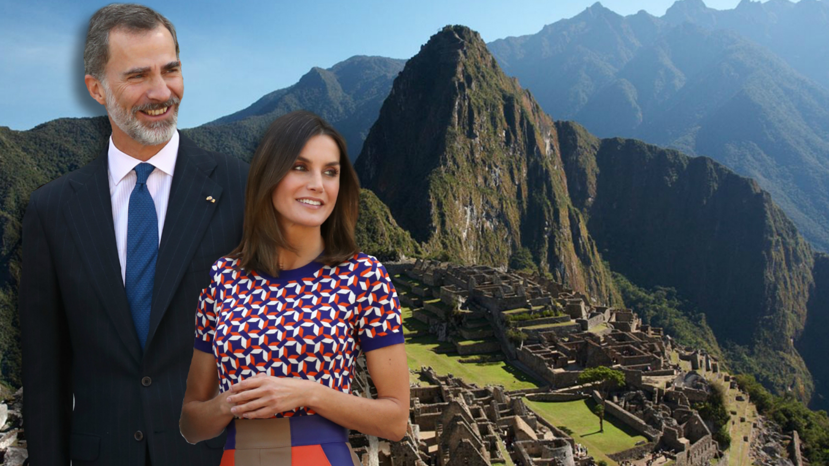 Los reyes en un montaje con Machu Picchu de fondo.