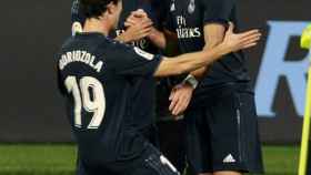 Karim Benzema festeja su gol contra el Celta