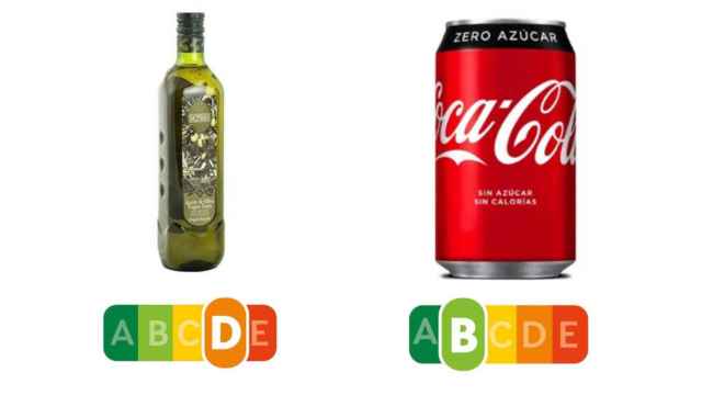 El aceite de oliva obtiene la calificación 'D' y el refresco, 'B' en Nutriscore.