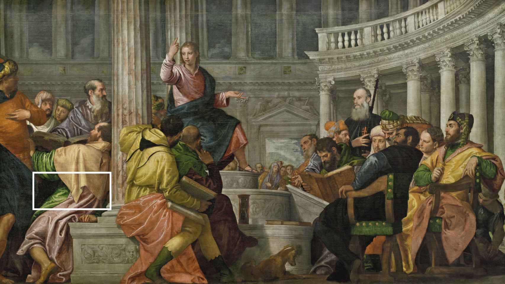 'La disputa con los doctores en el Templo', de Paolo Veronés, y el detalle de vestuario utilizado para cubrir la fachada de la pinacoteca.