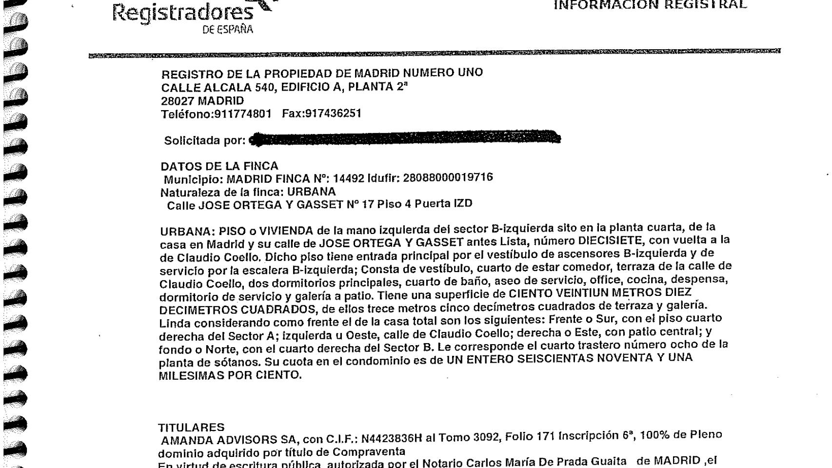 Información registral del piso en Madrid atribuido al fiscal general colombiano, Néstor Humberto Martínez Neira.