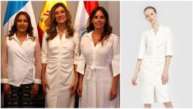Begoña Gómez en un montaje de JALEOS junto al vestido.