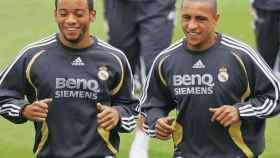 Marcelo y Roberto Carlos, en un entrenamiento del Real Madrid