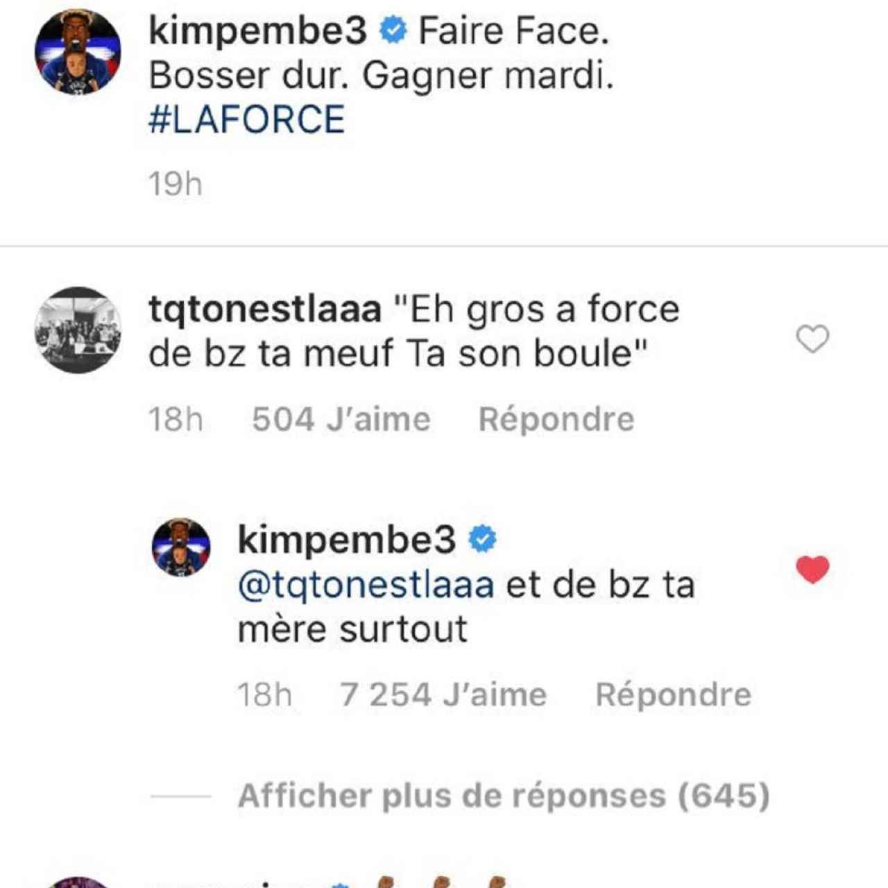 La respuesta de Kimpembe al seguidor de Instagram.