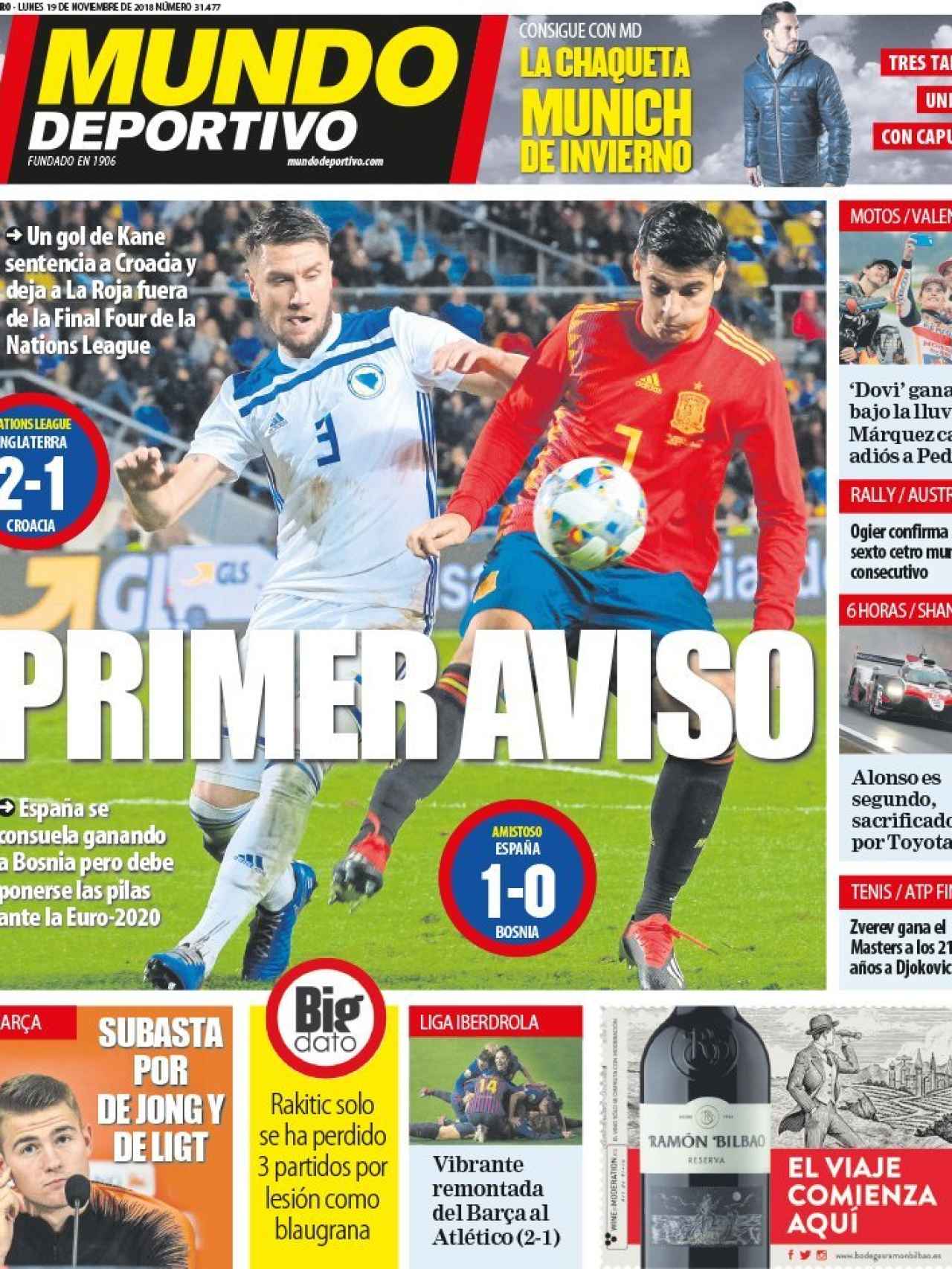 La portada del diario Mundo Deportivo (19/11/2018)