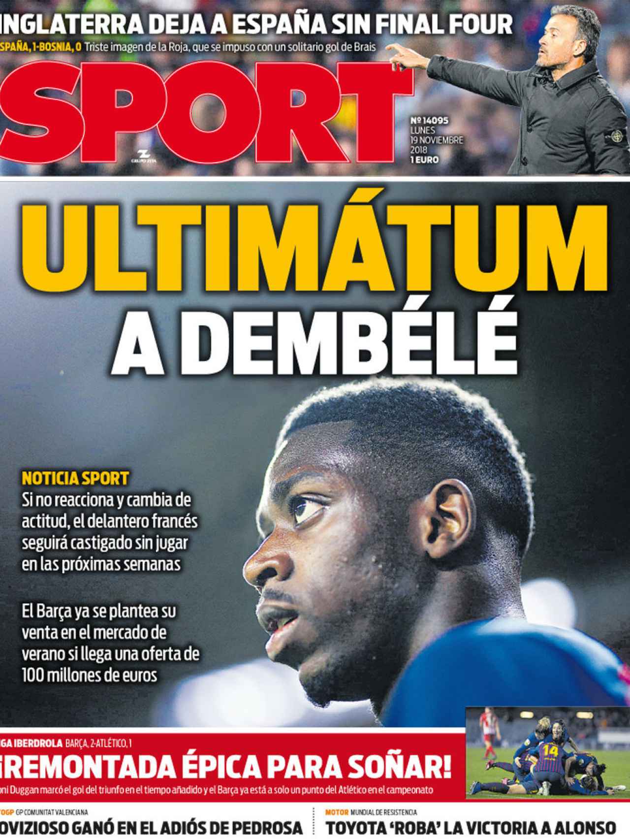 La portada del diario Sport (19/11/2018)