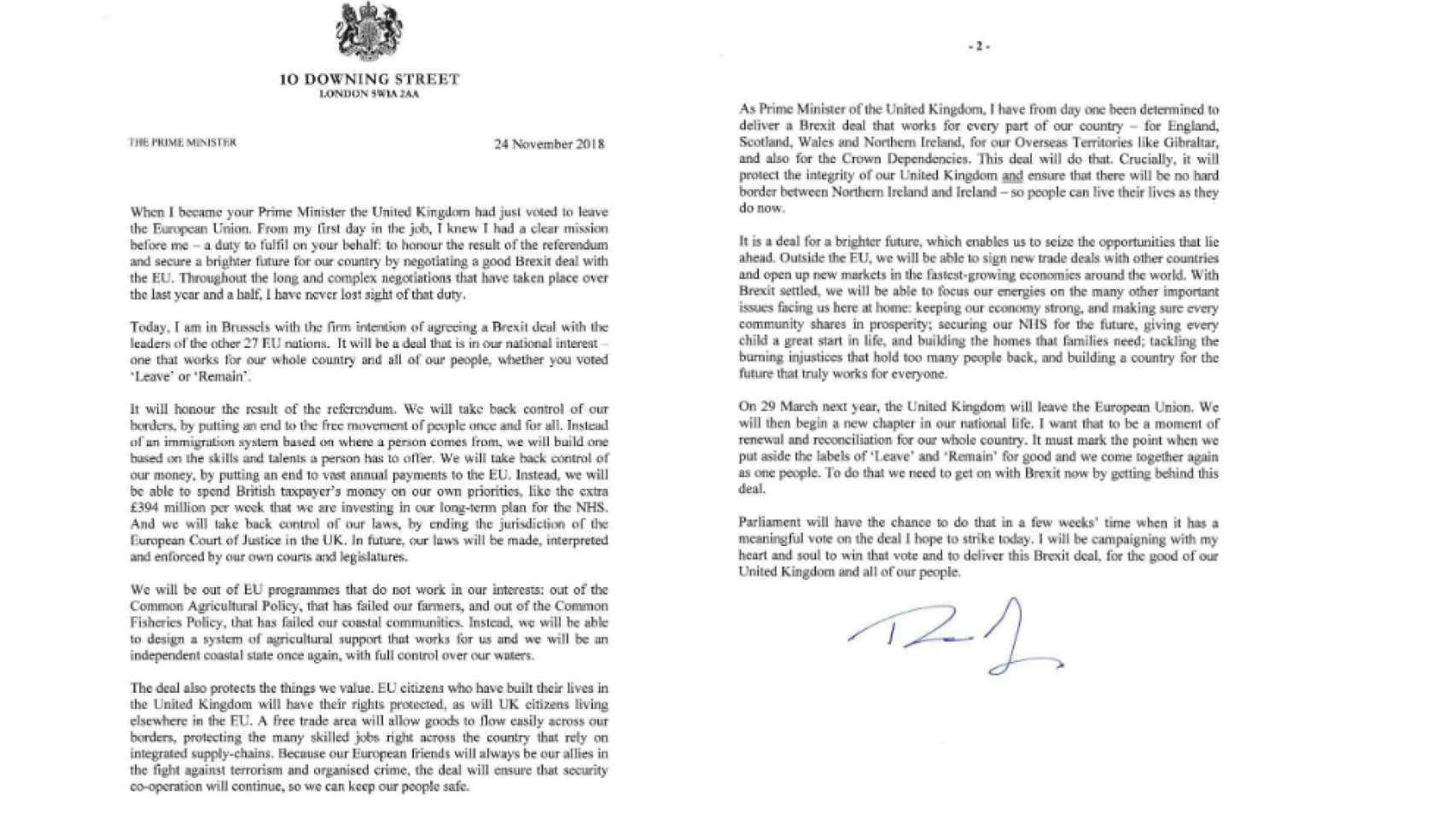 Carta de Theresa May a los británicos para que apoyen el 'brexit'.