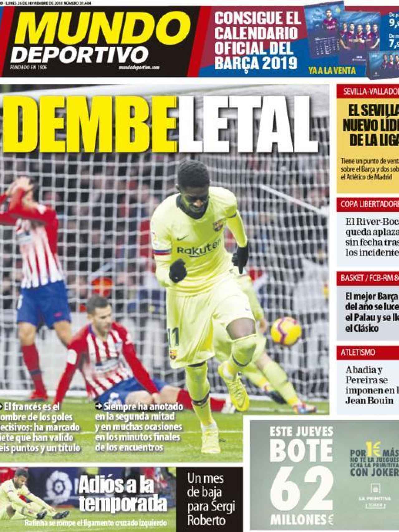 La portada del diario Mundo Deportivo (26/11/2018)