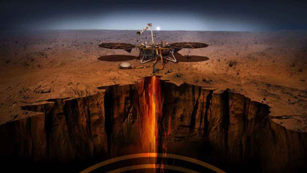 Ilustración del módulo de aterrizaje InSight investigando las profundidades de Marte.
