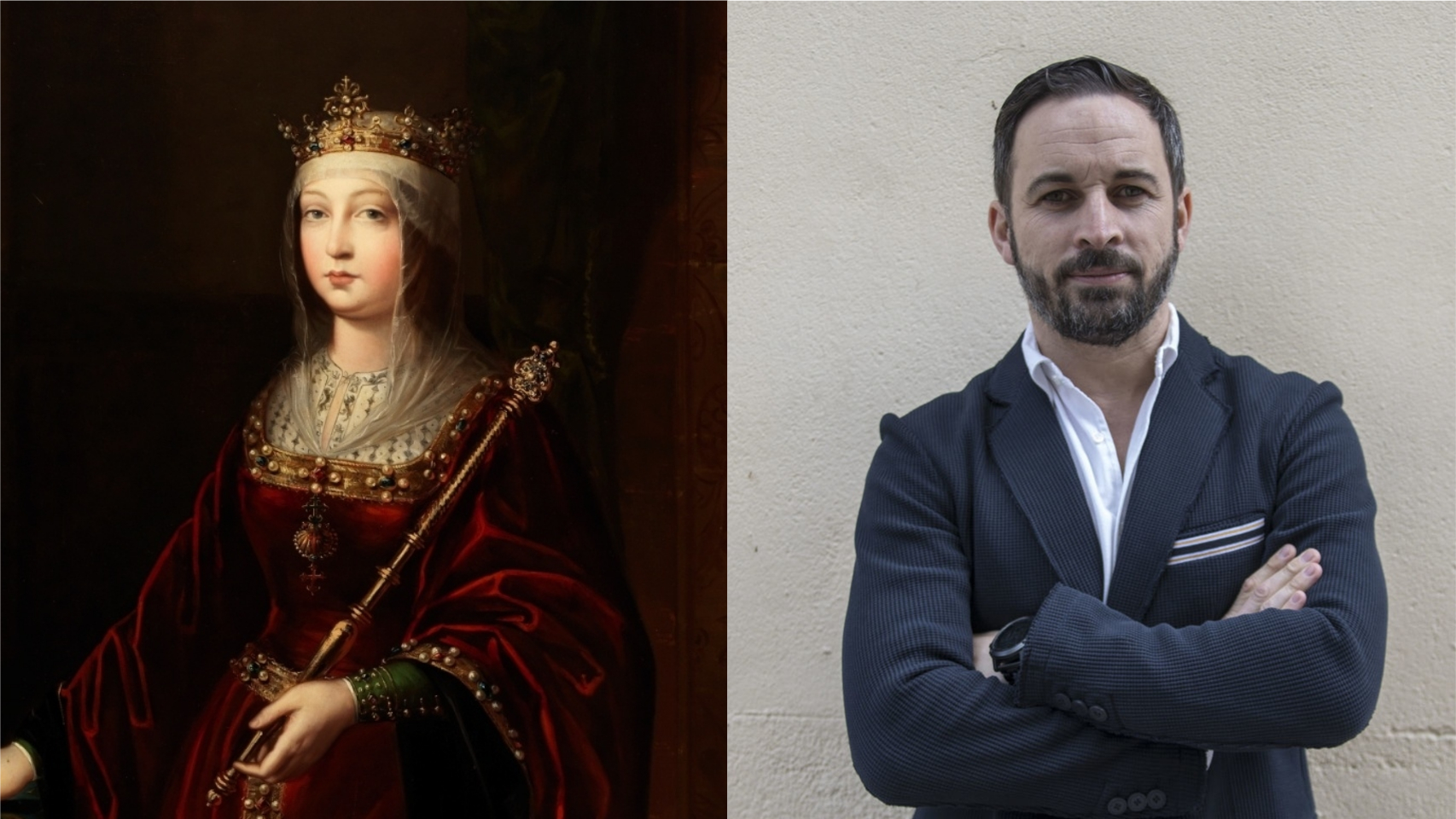 Isabel la Católica, pintada por Luis de Madrazo, y Santiago Abascal, líder de VOX.