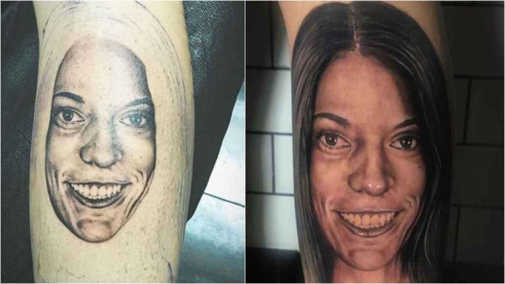 En la imagen, el tatuaje del rostro de Diana Quer que su hermana se ha tatuado en el gemelo.