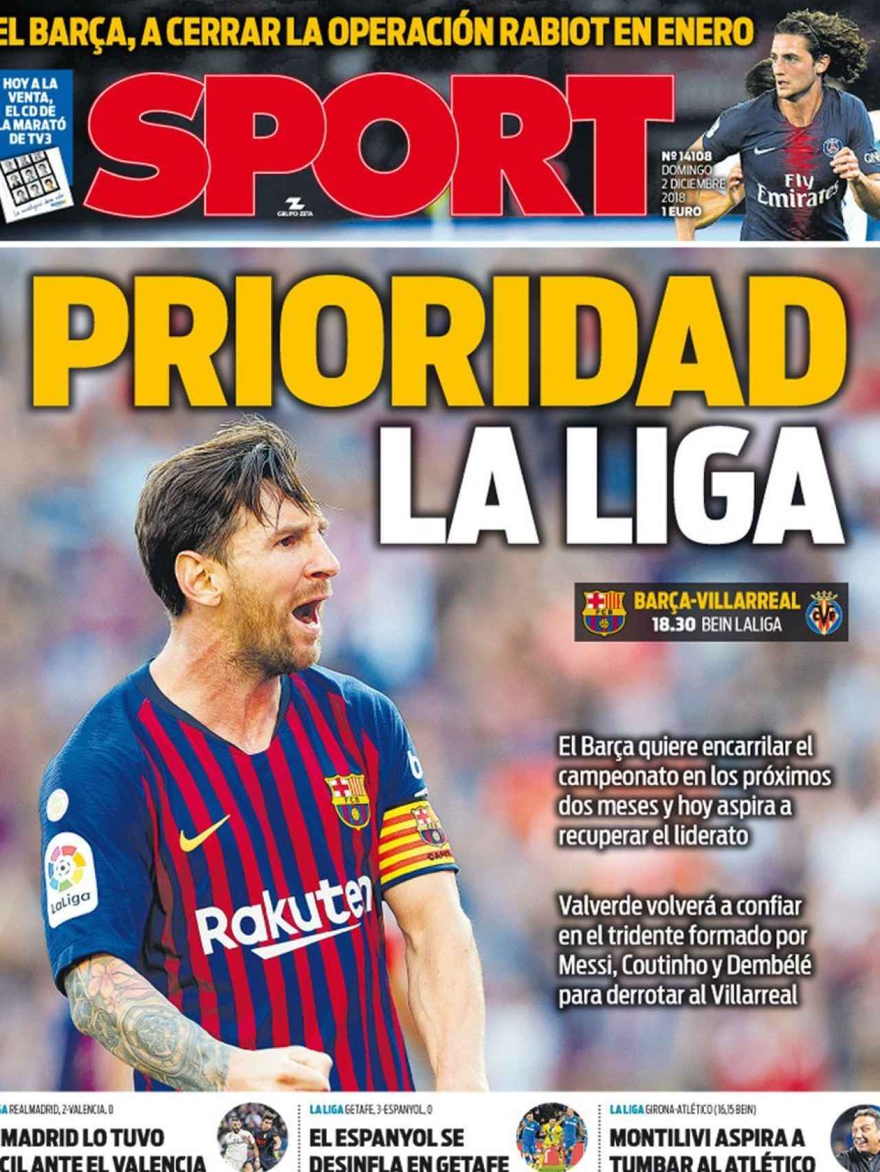La portada del diario Sport (02/12/2018)
