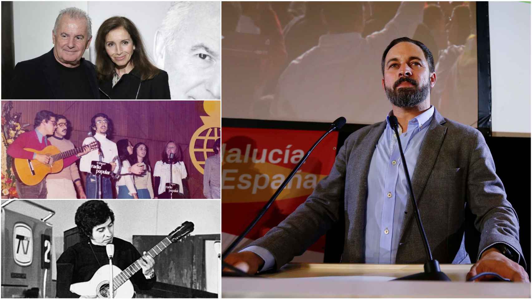 Victor Manuel y Ana Belén, Jarcha y Víctor Jara, en la columna de la izquierda; y Santi Abascal, líder de Vox.