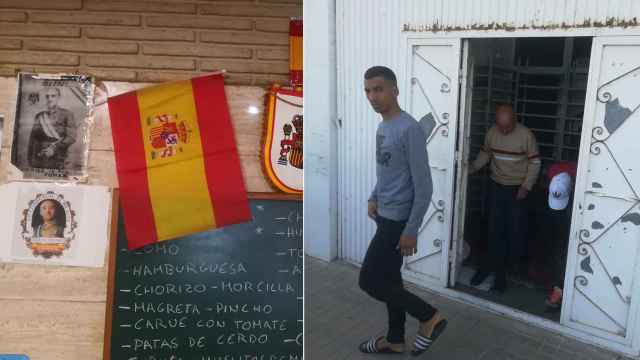 A la izquierda, varias imágenes de Franco y banderas españolas tras la barra de un bar. A la derecha, musulmanes saliendo de la mezquita de Las Norias, una barriada de El Ejido (Almería).