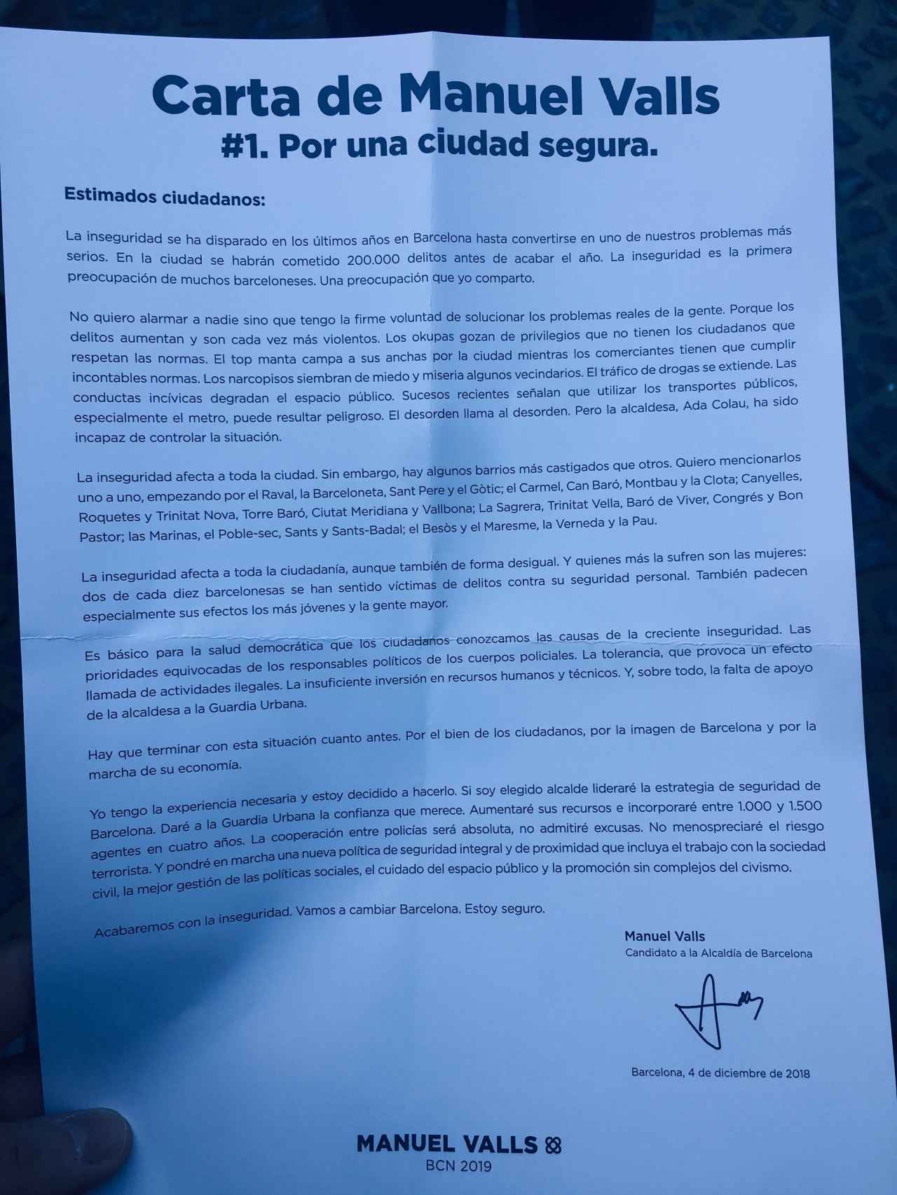 La carta Por una ciudad segura de Manuel Valls.