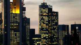 The skyline with its financial district is photographed in the early evening in Frankfurt