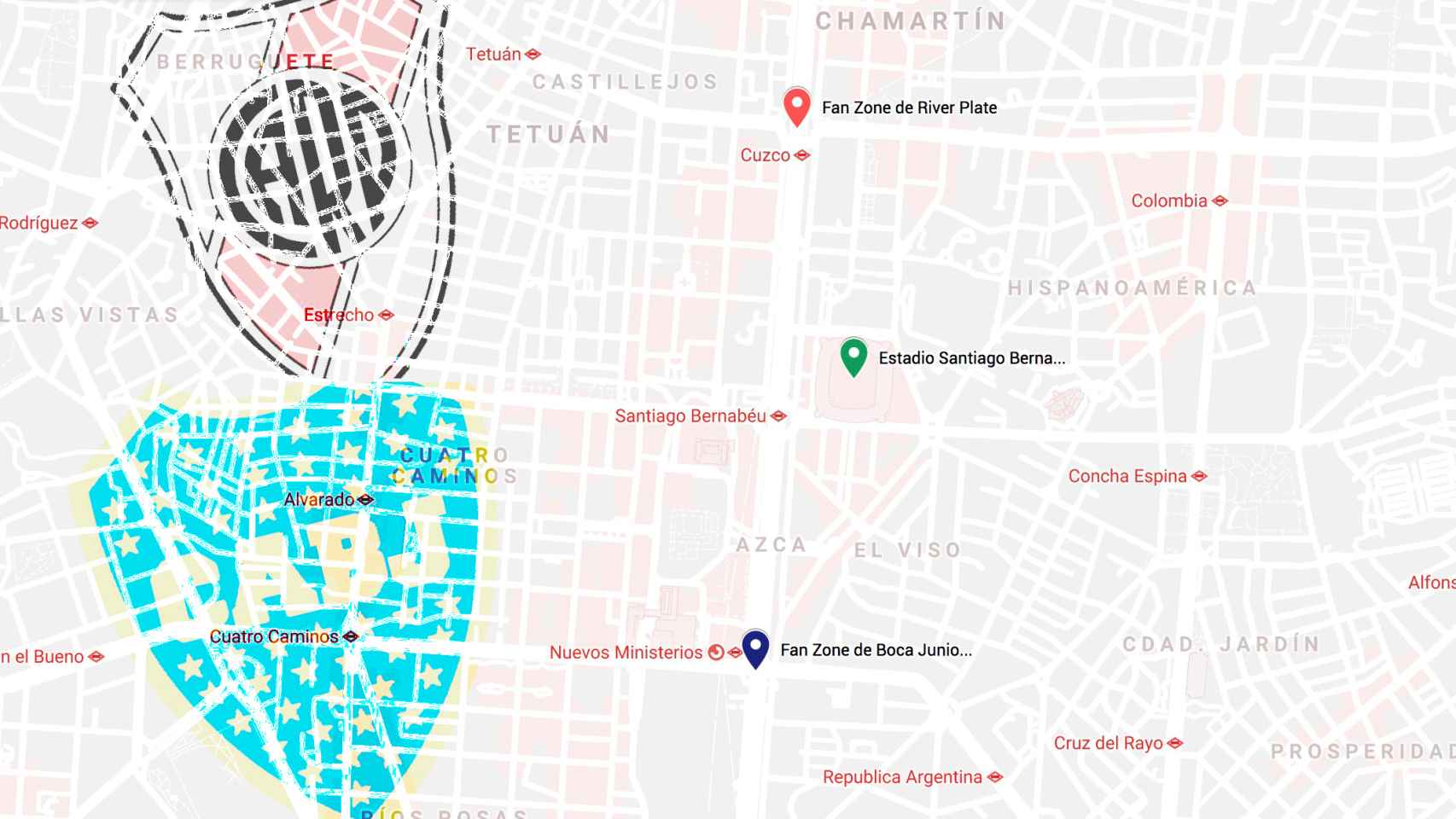 Mapa de las fan zone de River y Boca en Madrid