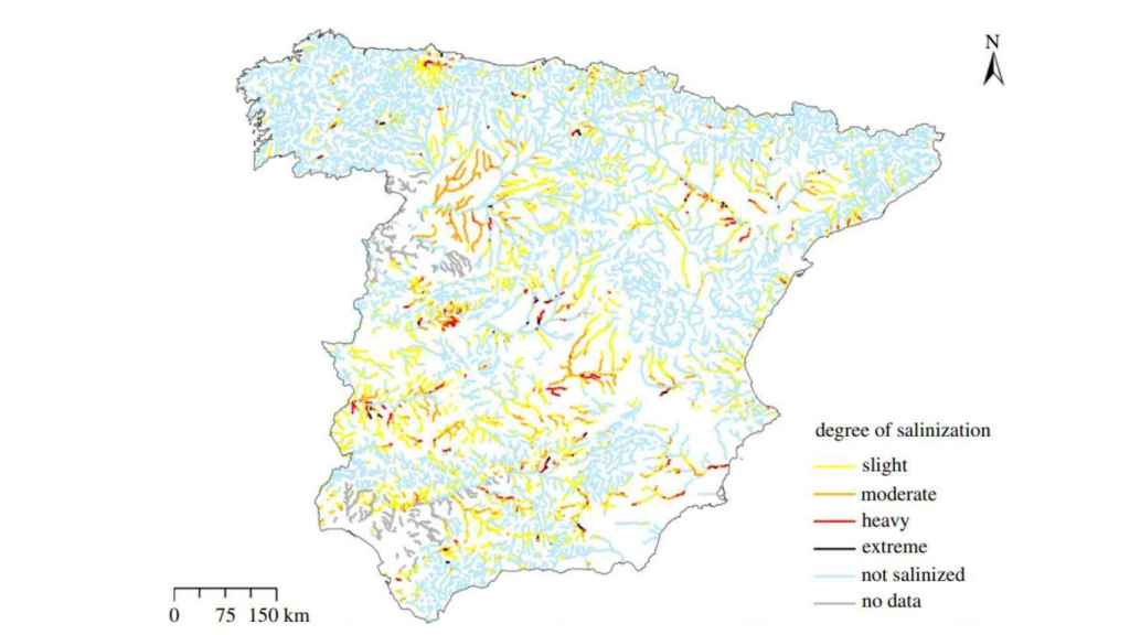 Distribución de los puntos negros de la salinización fluvial en España.