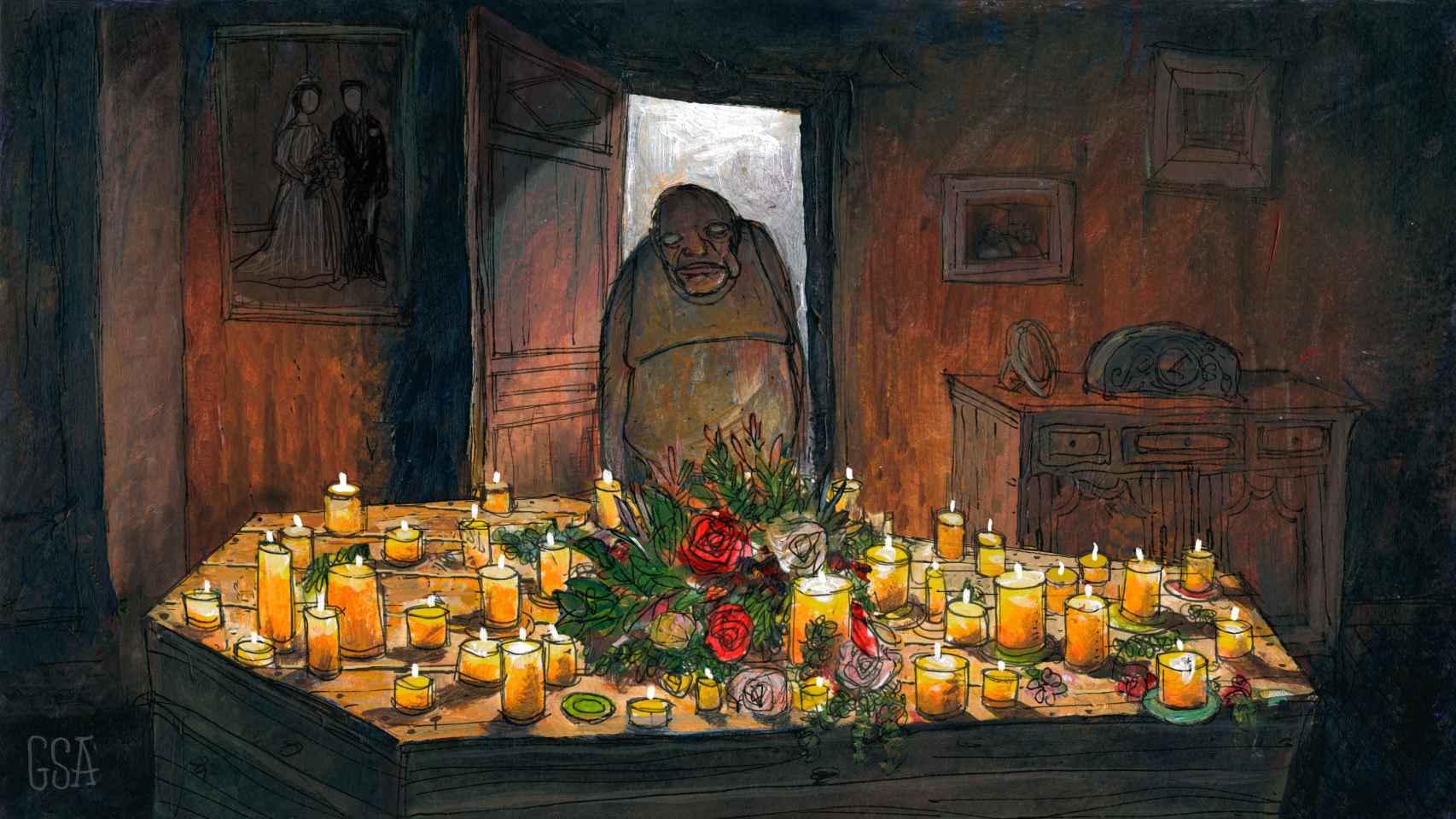 Enrique fabricó un féretro con palés de madera y puso velas, flores y un altar