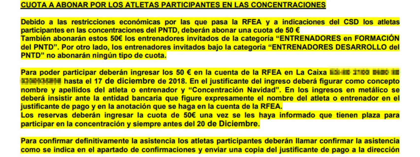 Extracto de la circular de la Real Federación Española de Atletismo perteneciente a la concentración de Navidad.