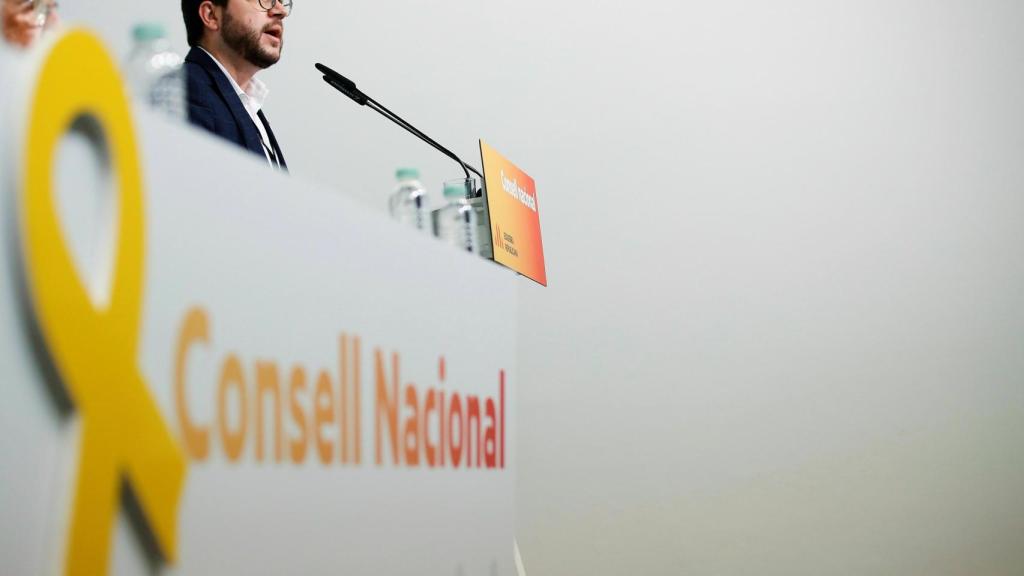 El vicepresidente del Govern y adjunto a la presidencia de ERC, Pere Aragonés, durante su intervención en el consell nacional de ERC.