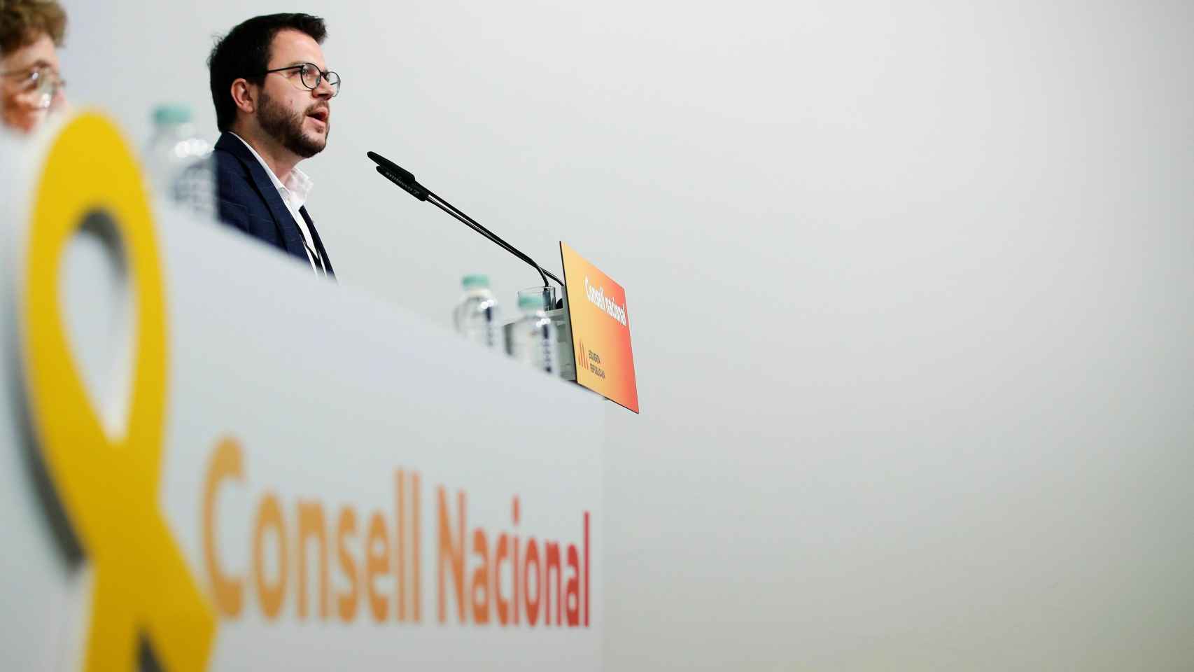 El vicepresidente del Govern y adjunto a la presidencia de ERC, Pere Aragonés, durante su intervención en el consell nacional de ERC.