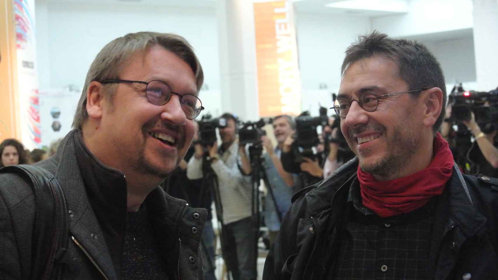 Xavier Domènech (En Comú) y Juan Carlos Monedero, en la reunión Rumbo 2020 de Podemos.