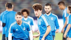 Ramos, Odriozola y Nacho en el entrenamiento del Real Madrid
